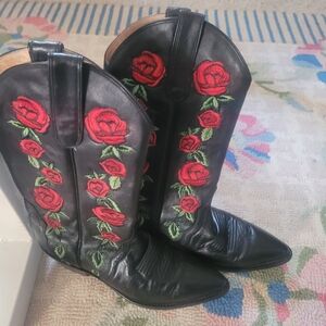Dan Post  Black Leather Embroidered Rose Cowboy Boots